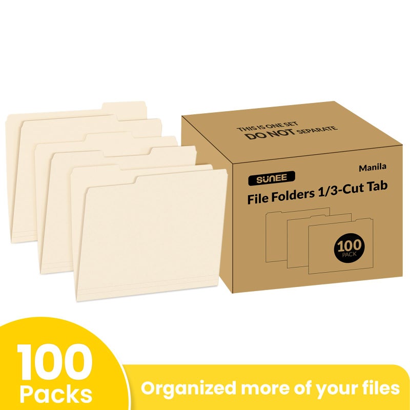 ساني مجلدات ملفات SUNEE بحجم الرسائل، عبوة من 100 مجلد مانيلا 8.5 × 11 بوصة، علامات تبويب مقطوعة 1/3، مجلدات ملفات ملونة للمكتب والمنزل والمدرسة للمستندات والملفات الورقية - Image 2